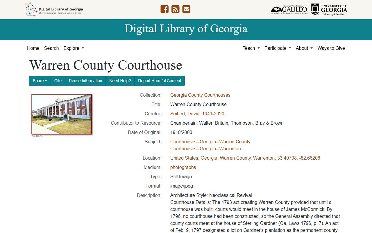 Warren County court records courthouse history from Digital Library of Georgia